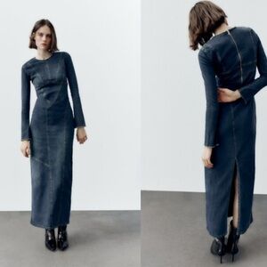 ZARA Dark Blue Denim Long Sleeve Back Zip Closure Slit Maxi Dress Sz Small